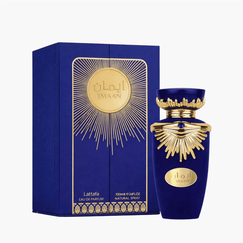 Lattafa Emaan apa de parfum, flacon frontal din catifea albastru regal cu detalii metalice aurii.