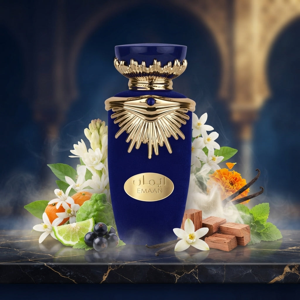 Lattafa Emaan apa de parfum original încadrat estetic de ingrediente precum flori albe și vanilie.