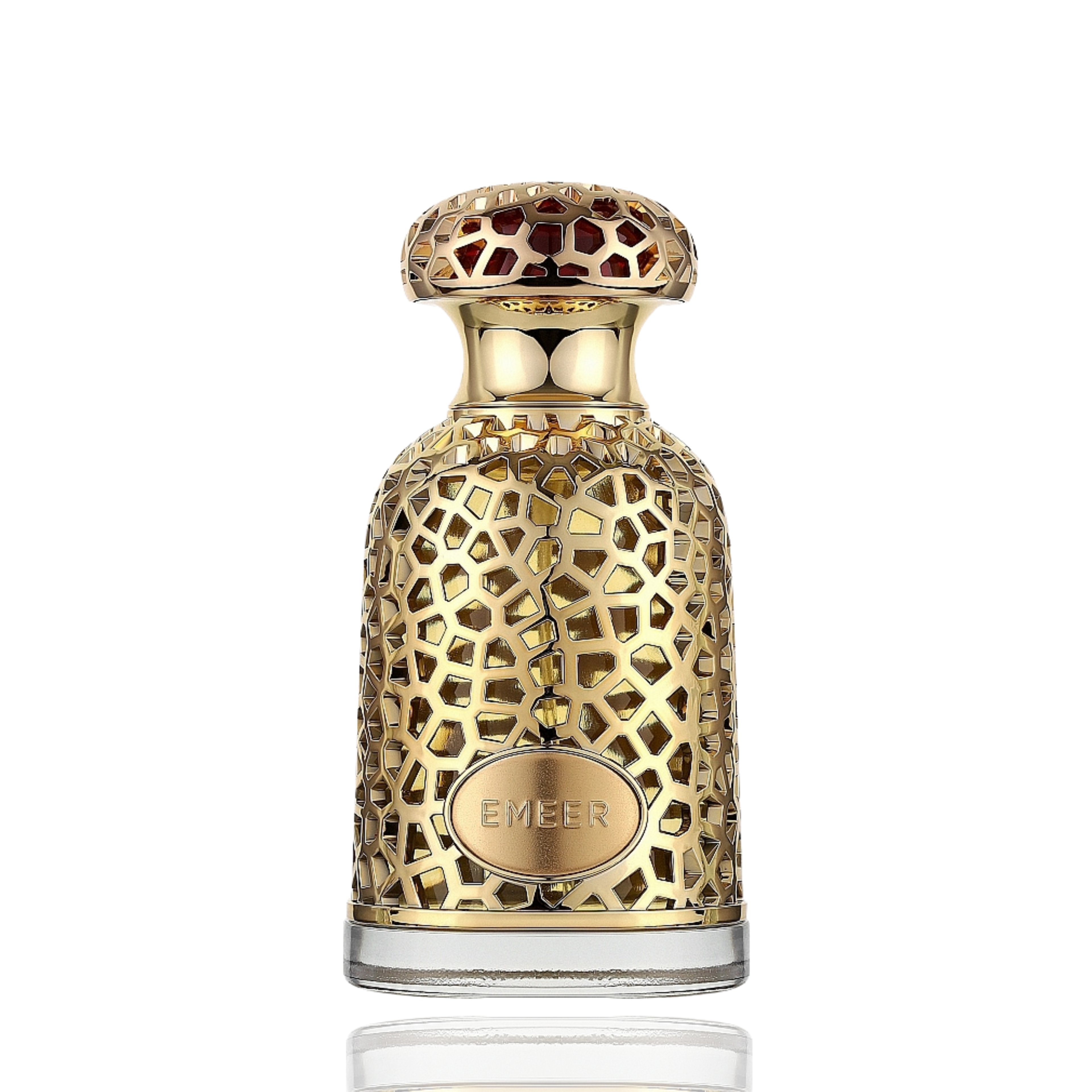 Detaliu flacon Lattafa Emeer apa de parfum, evidențiind finisajele metalice complexe și textura de lux.