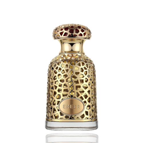 Detaliu flacon Lattafa Emeer apa de parfum, evidențiind finisajele metalice complexe și textura de lux.