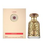 Lattafa Emeer apa de parfum unisex, flacon metalic frontal decorativ lucrat în stil oriental regal.