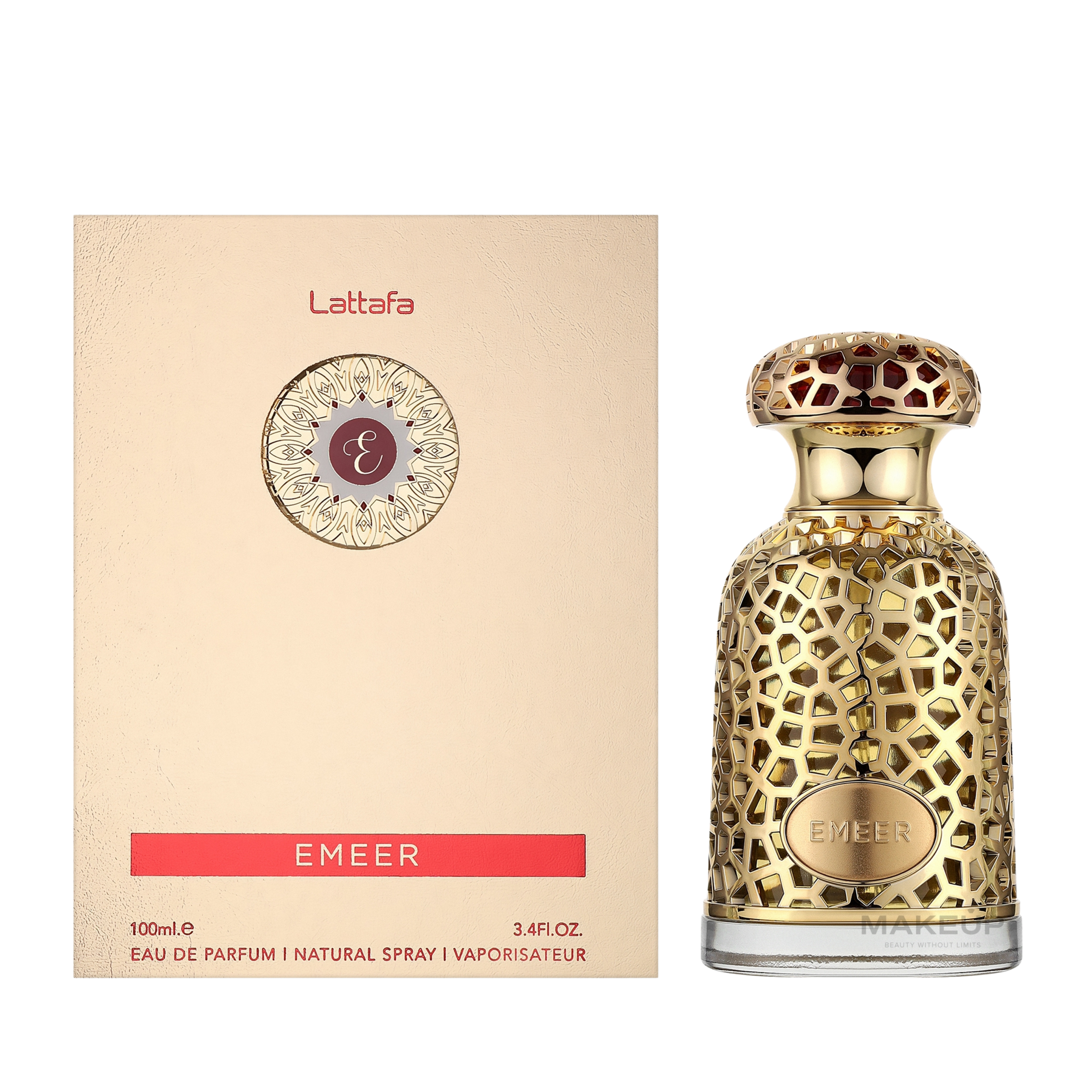 Lattafa Emeer apa de parfum unisex, flacon metalic frontal decorativ lucrat în stil oriental regal.