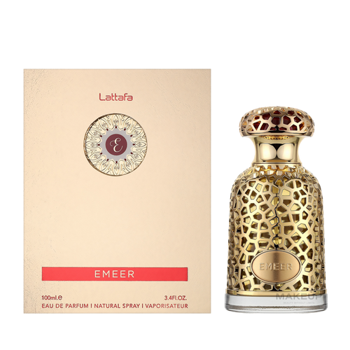 Lattafa Emeer apa de parfum unisex, flacon metalic frontal decorativ lucrat în stil oriental regal.