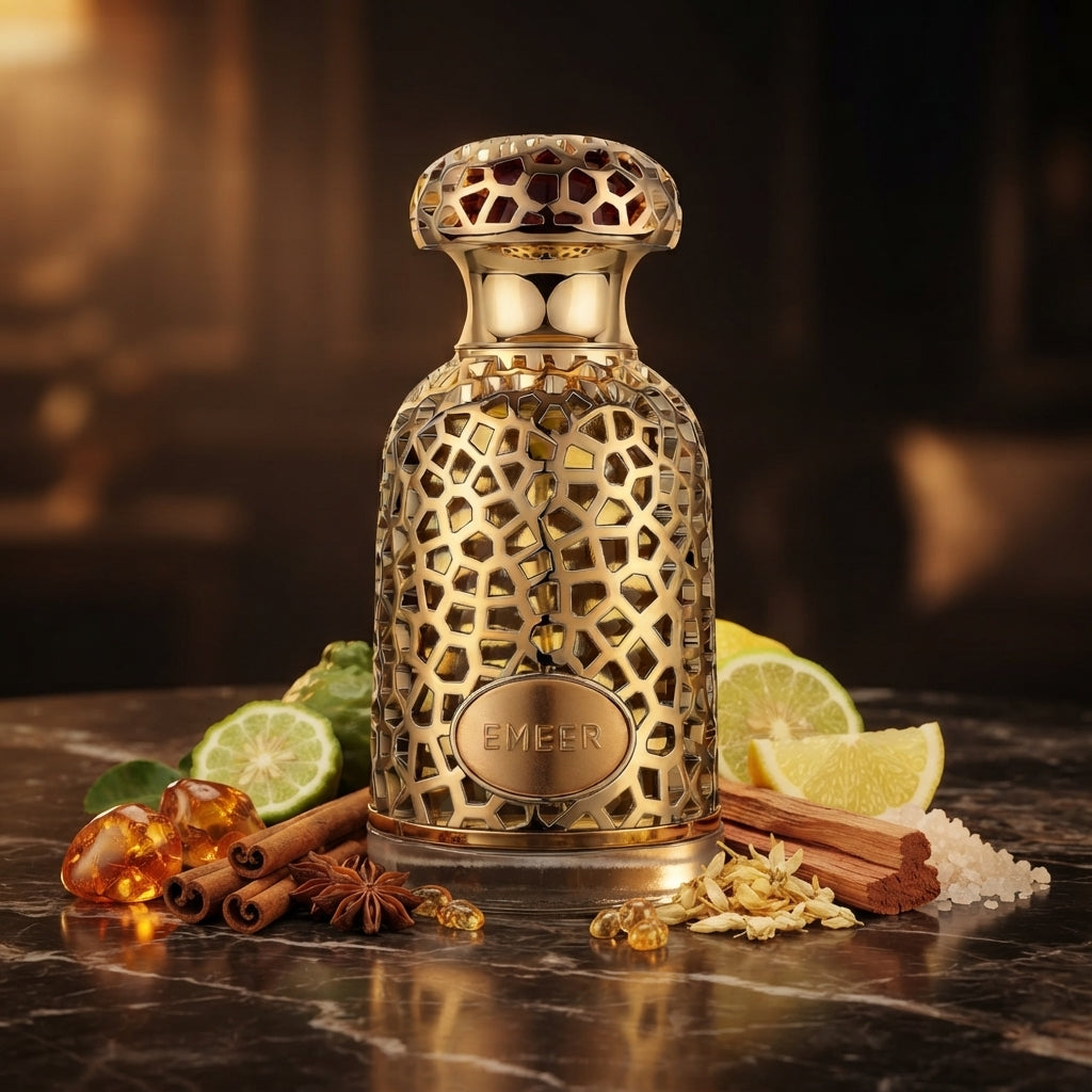 Lattafa Emeer apa de parfum original prezentat alături de ambră brută, rășini, condimente și citrice.