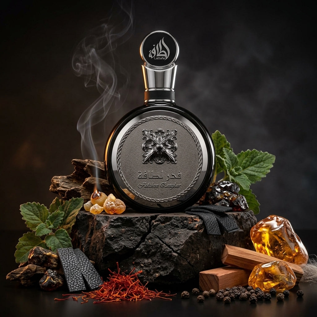 Lattafa Fakhar Extrait Black parfum original pus în valoare de rășini de tămâie, piper negru, patchouli și lemn de oud.