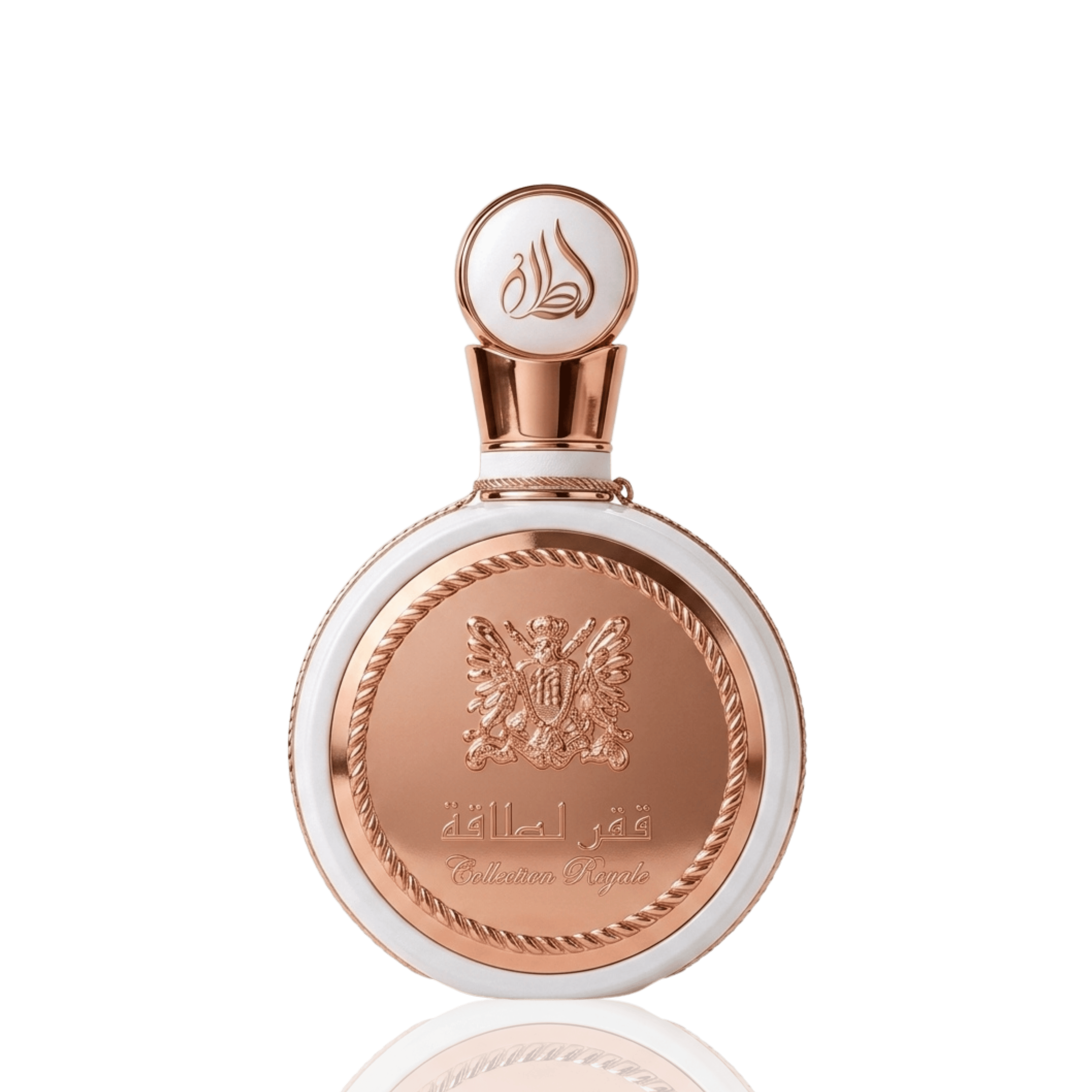 Detaliu fin pe flaconul Lattafa Fakhar Rose Gold 100 ml, evidențiind motivele orientale sculptate tridimensional.
