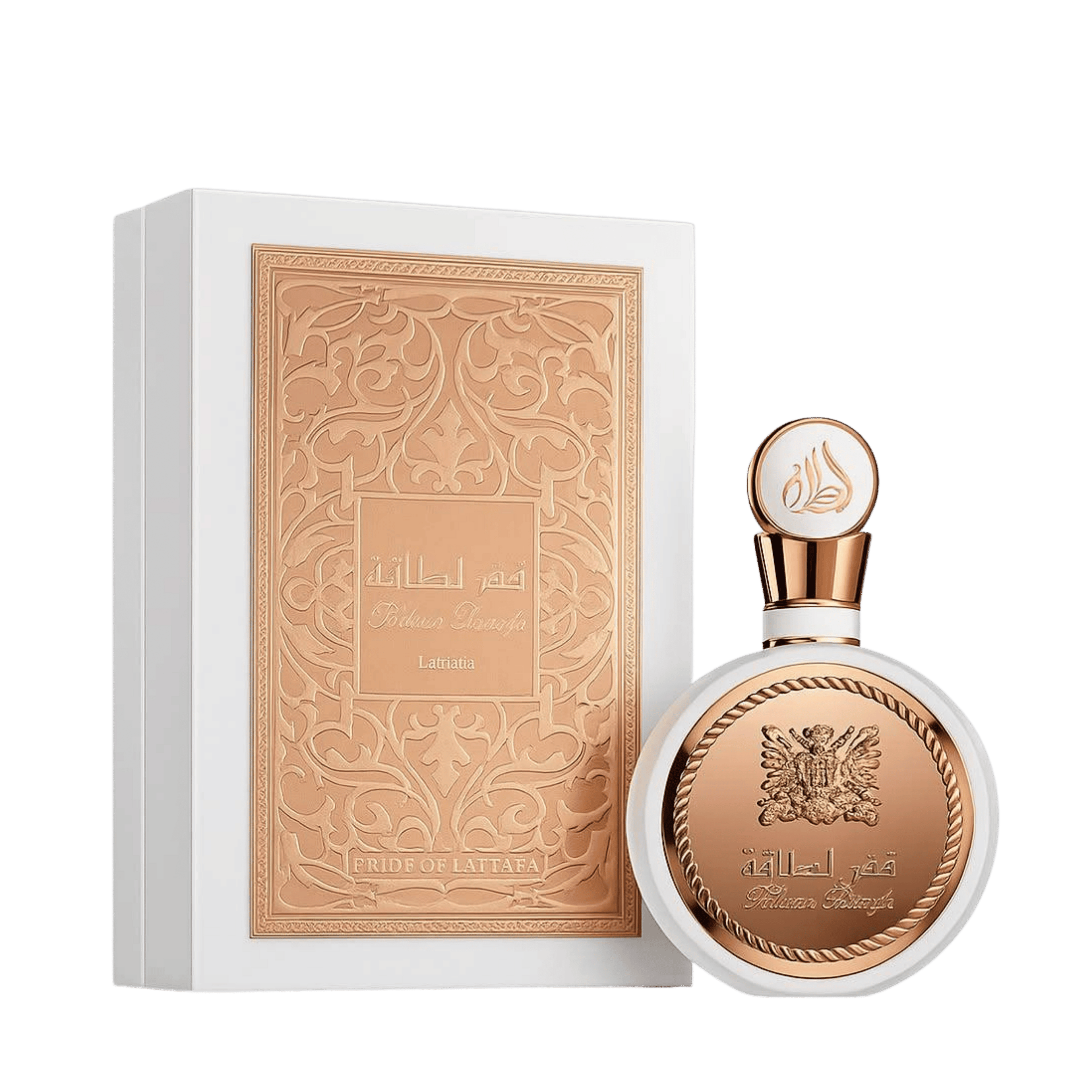 Lattafa Fakhar Rose Gold apa de parfum 100 ml, flacon frontal roz-auriu, parfum arabesc original de dama.