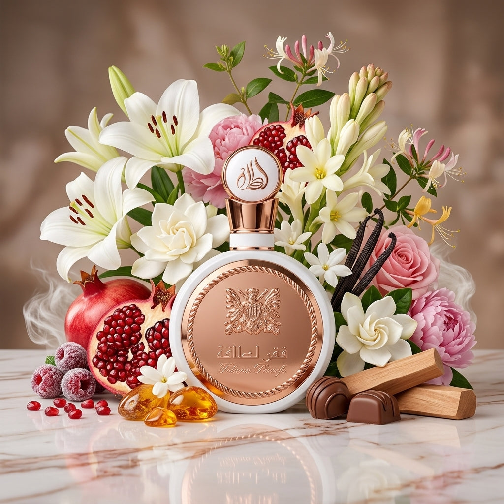 Lattafa Fakhar Rose Gold parfum original înconjurat artistic de crini, tuberoze, rodie și praline fine.