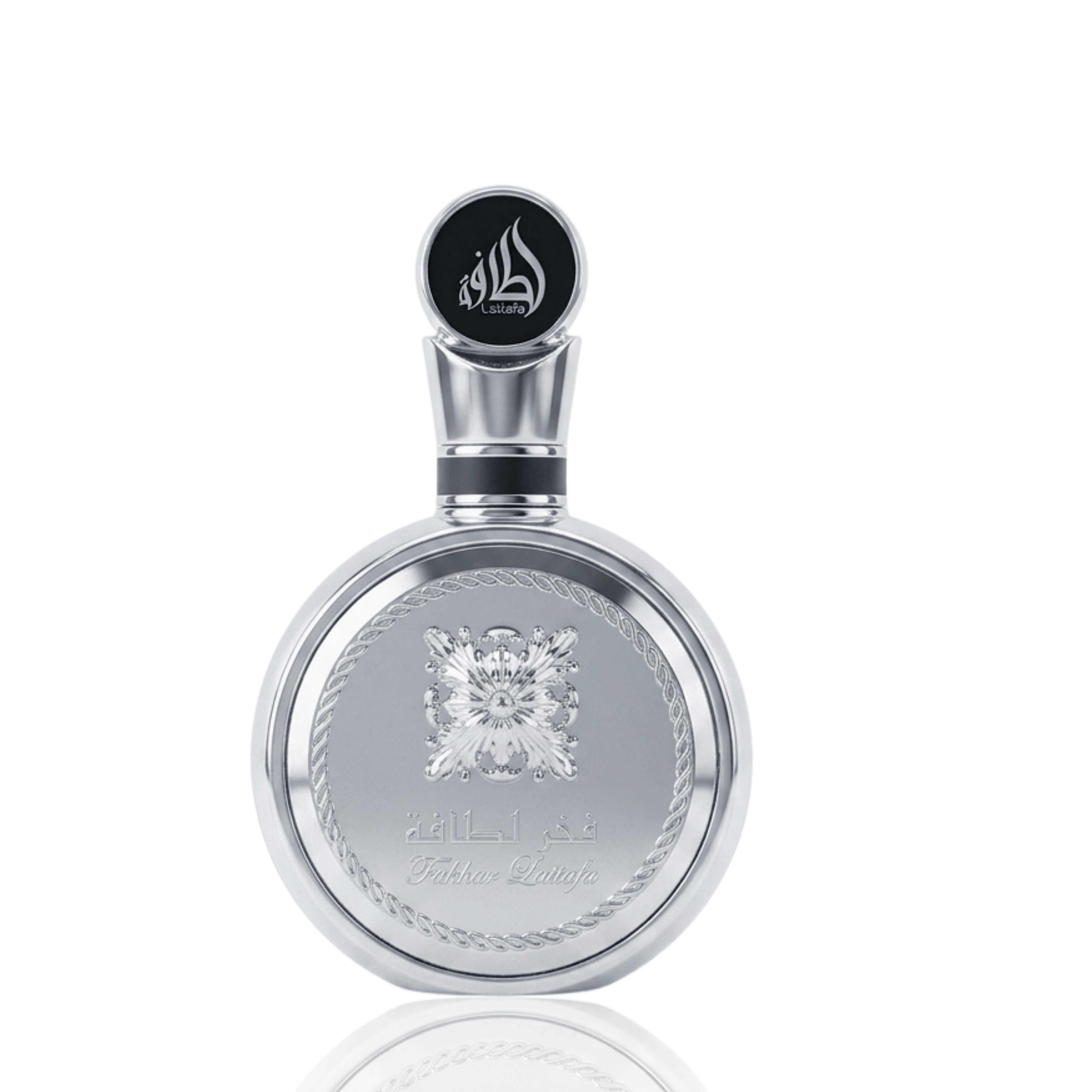 Detaliu fin pe sticla argintie Lattafa Fakhar Silver, evidențiind textura metalică premium și finisajele de lux.