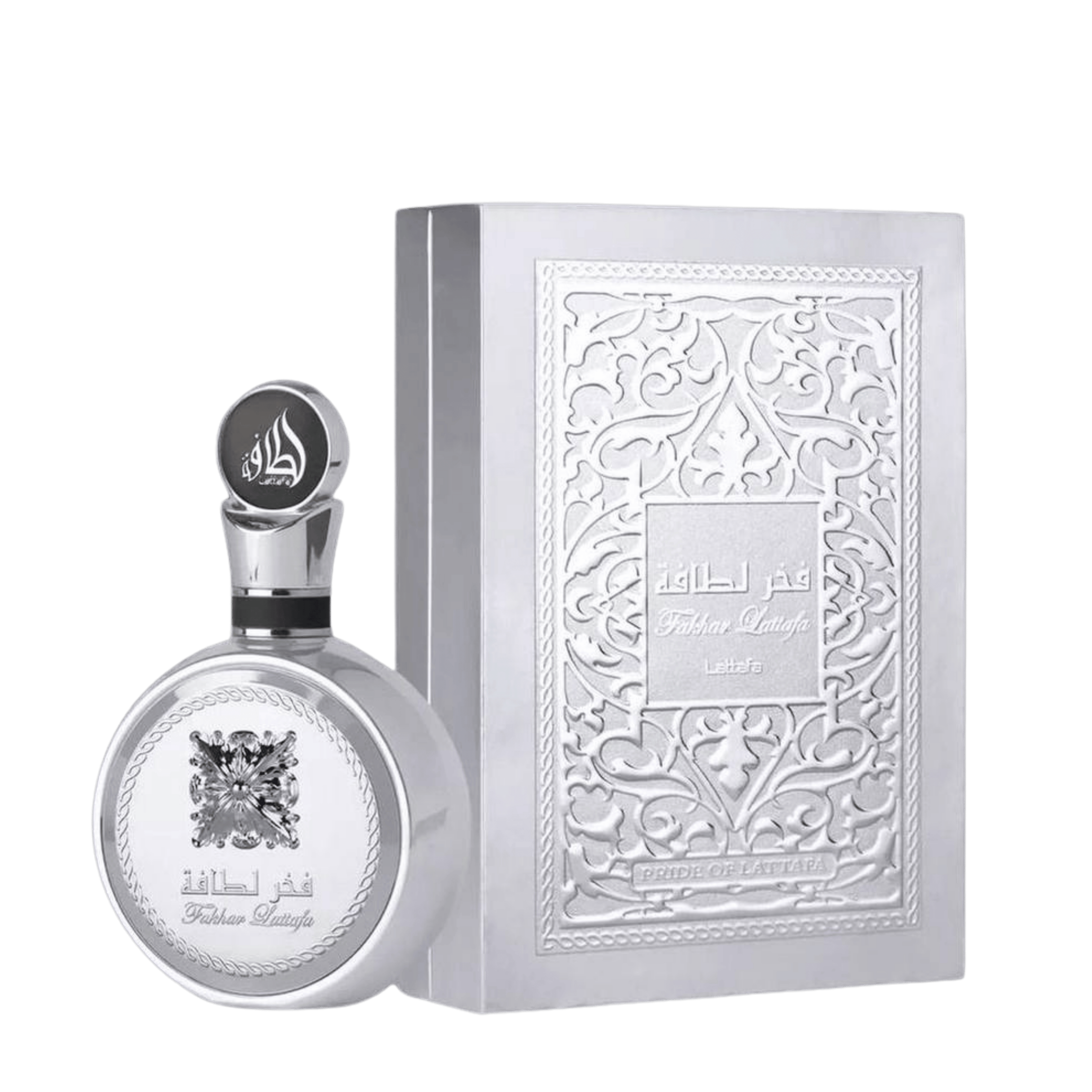 Lattafa Fakhar Silver apa de parfum 100 ml, flacon frontal argintiu elegant, parfum arabesc original de bărbați.