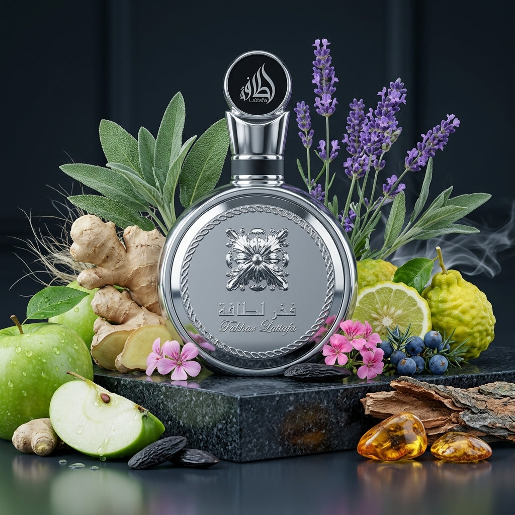 Lattafa Fakhar Silver parfum original înconjurat artistic de mere verzi, ghimbir, lavandă și lemn de cedru.