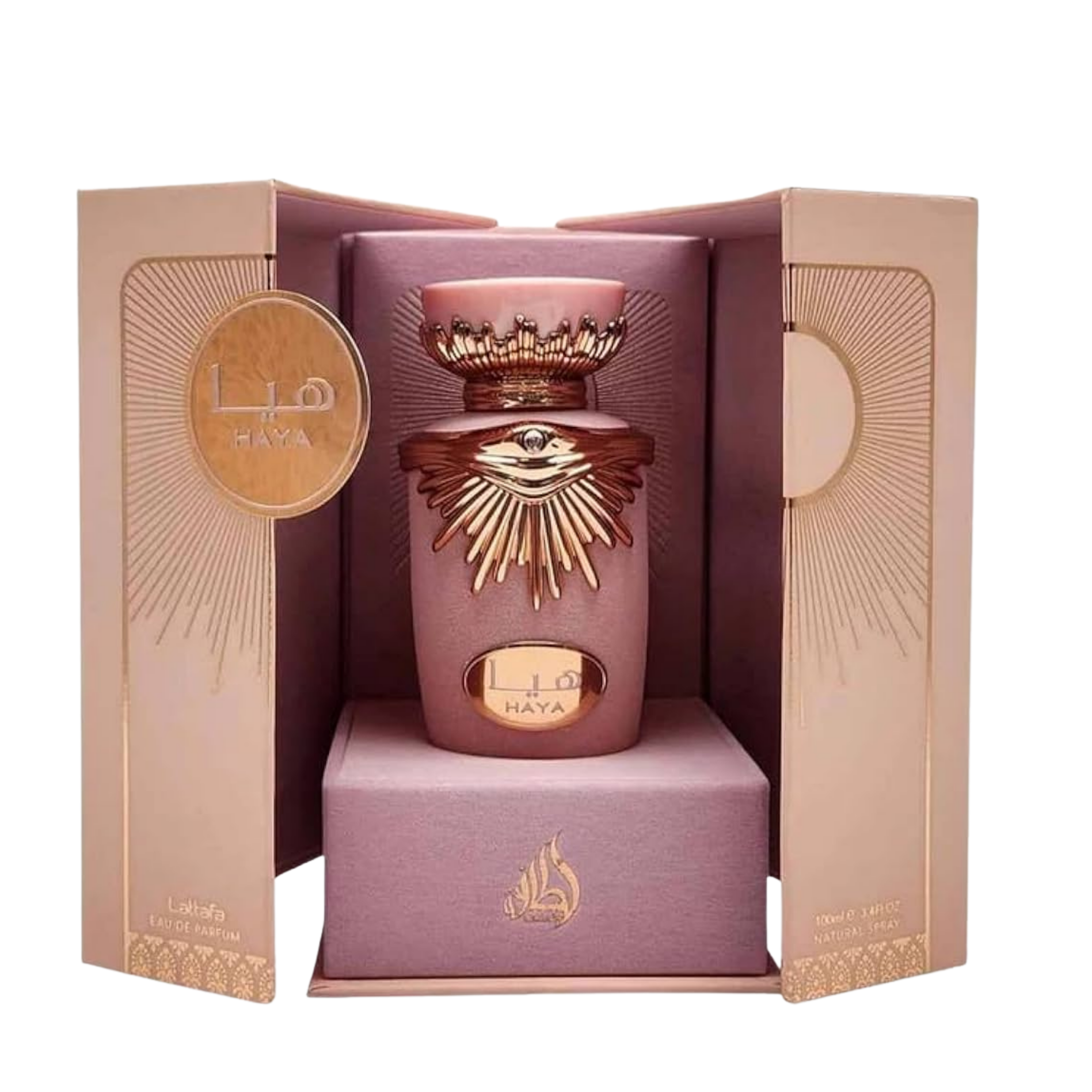 Detaliu flacon Lattafa Haya apa de parfum, evidențiind capacul sofisticat și elementele decorative aurii.