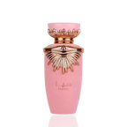 Detaliu flacon Lattafa Haya apa de parfum, evidențiind capacul sofisticat și elementele decorative aurii.