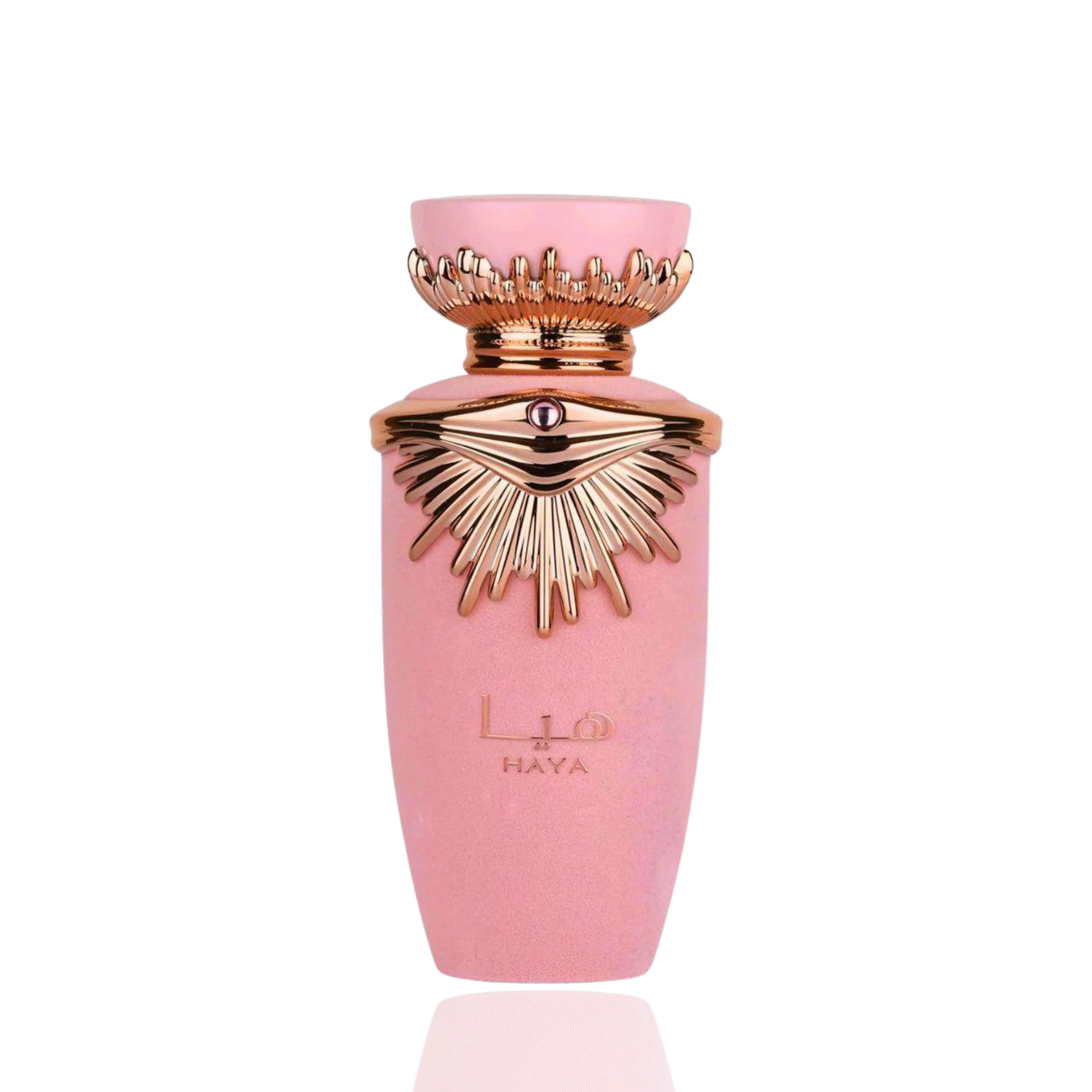 Detaliu flacon Lattafa Haya apa de parfum, evidențiind capacul sofisticat și elementele decorative aurii.