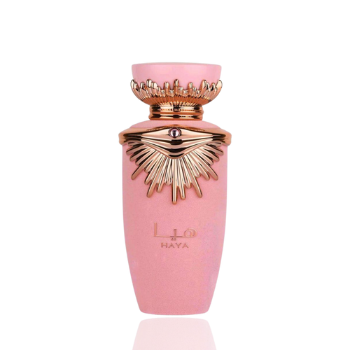 Detaliu flacon Lattafa Haya apa de parfum, evidențiind capacul sofisticat și elementele decorative aurii.