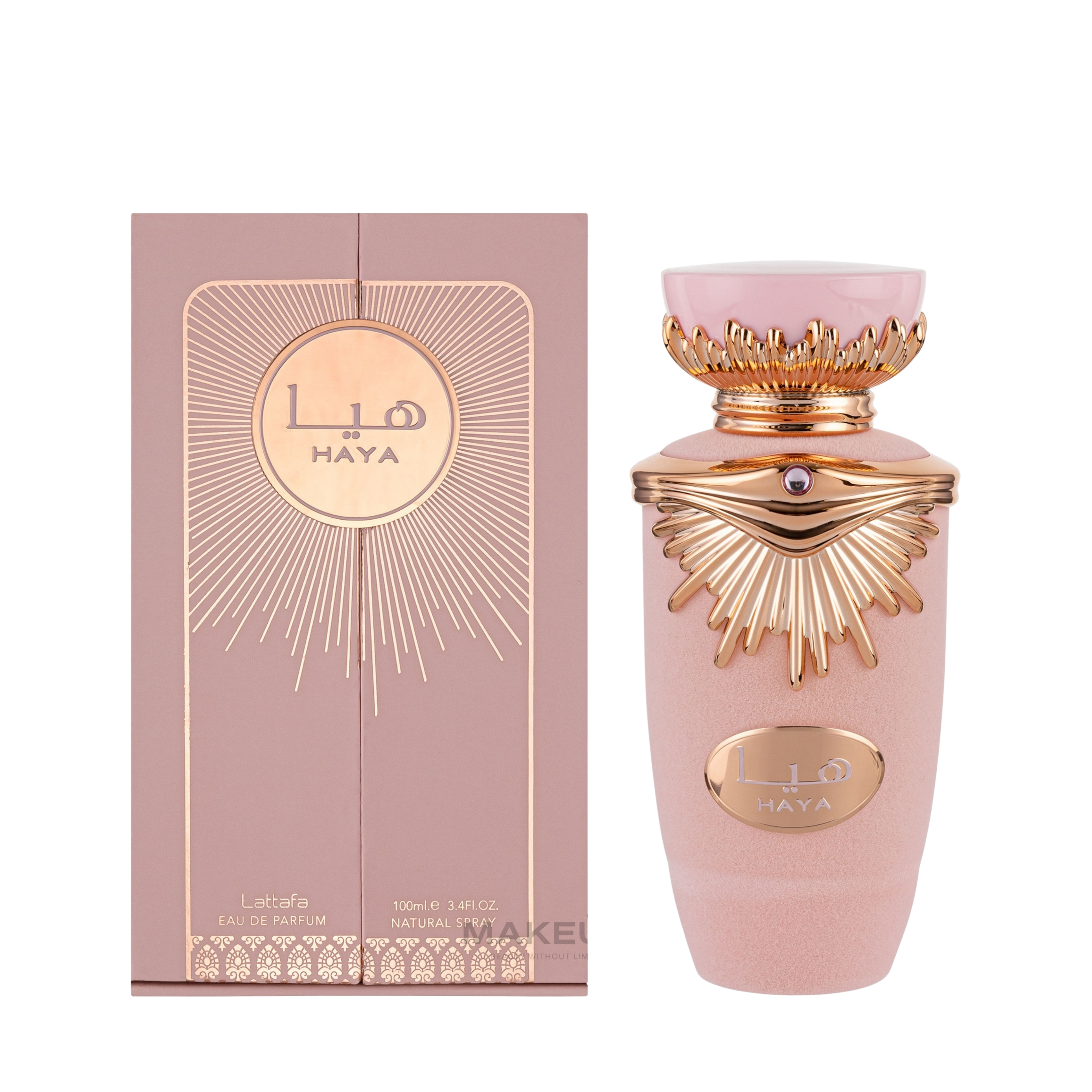 Lattafa Haya apa de parfum pentru damă, flacon frontal roz elegant de 100 ml cu design feminin.