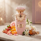 Lattafa Haya apa de parfum original prezentat alături de căpșuni proaspete, șampanie efervescentă, iasomie și vanilie.