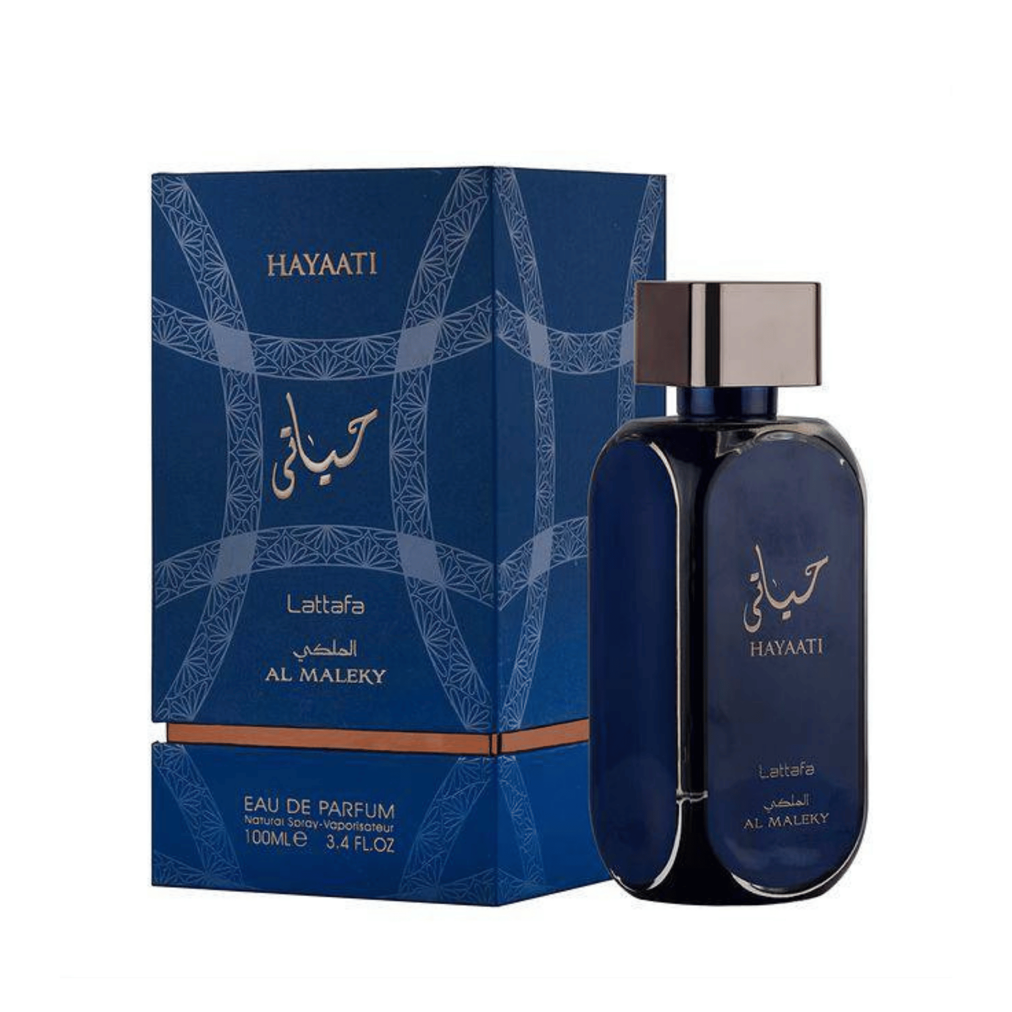 Lattafa Hayaati Al Maleky apa de parfum, flacon frontal albastru regal prezentat într-un decor luxury de studio.