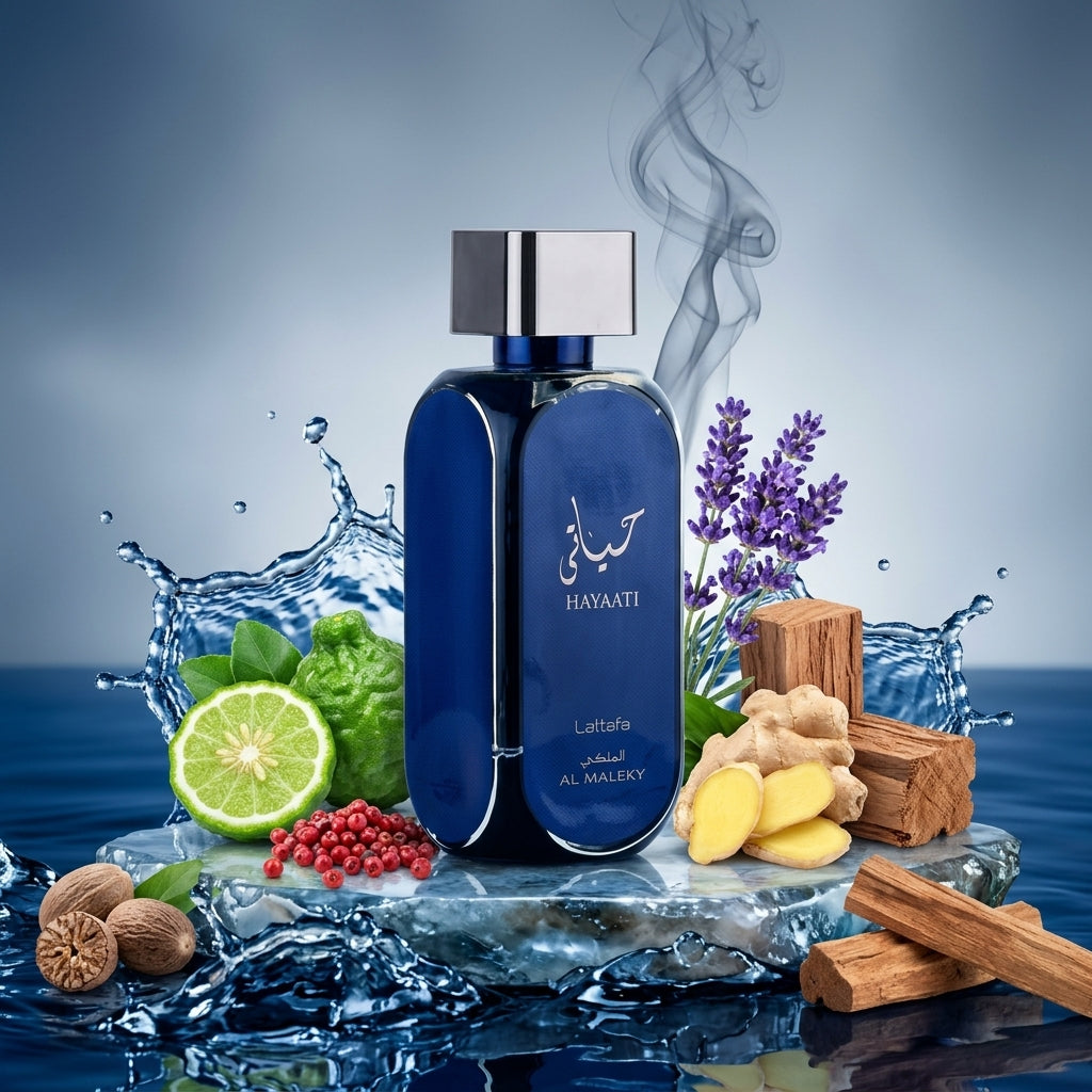 Lattafa Hayaati Al Maleky parfum original înconjurat artistic de elemente marine, lavandă și lemn de santal.