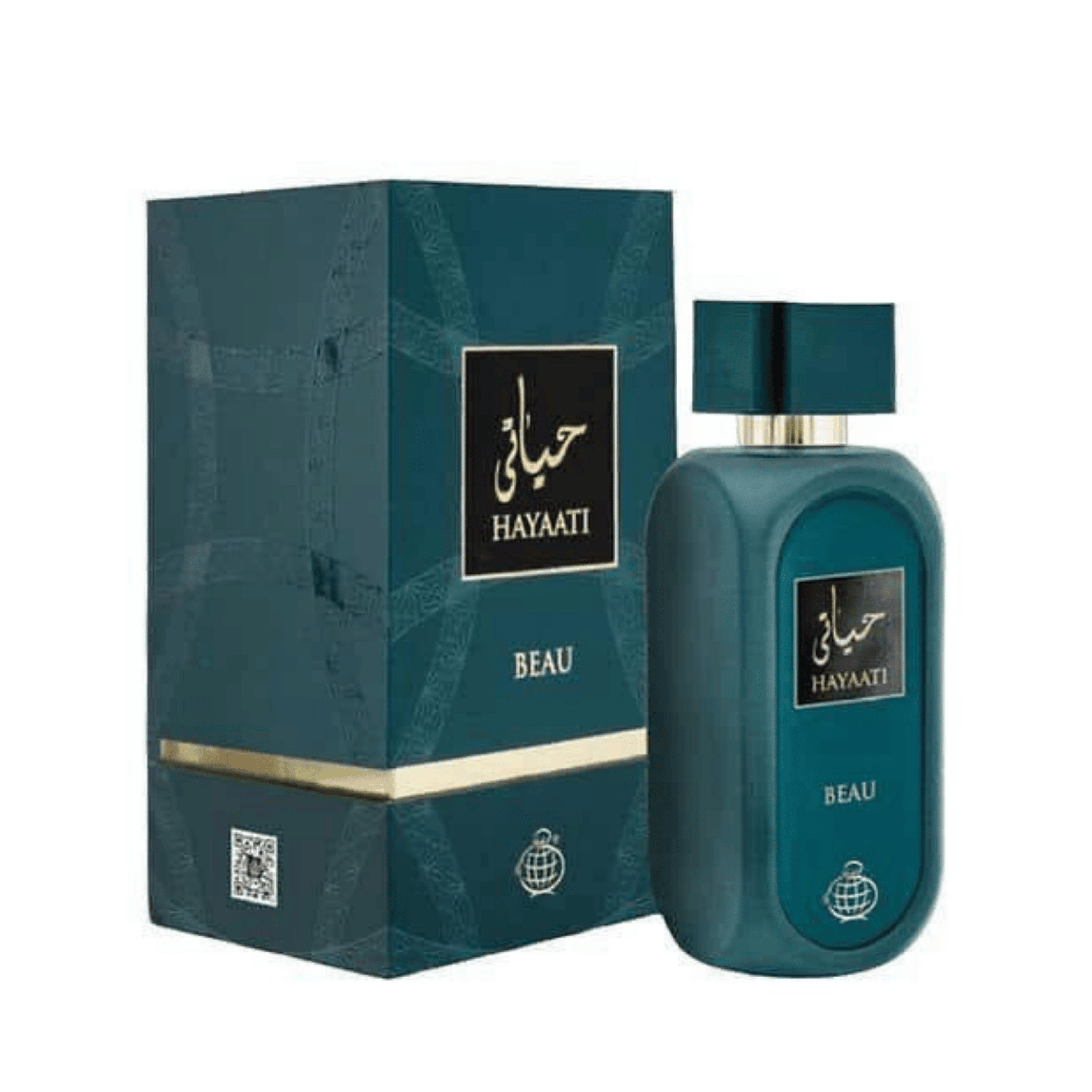 Lattafa Hayaati Beau apa de parfum, flacon frontal elegant prezentat pe un fundal premium minimalist de studio.