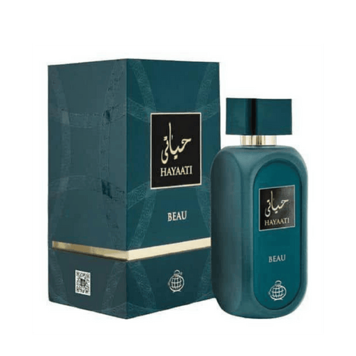 Lattafa Hayaati Beau apa de parfum, flacon frontal elegant prezentat pe un fundal premium minimalist de studio.
