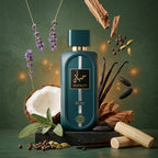 Lattafa Hayaati Beau parfum original înconjurat artistic de ingrediente reale precum lavandă, salvie și nucă de cocos.