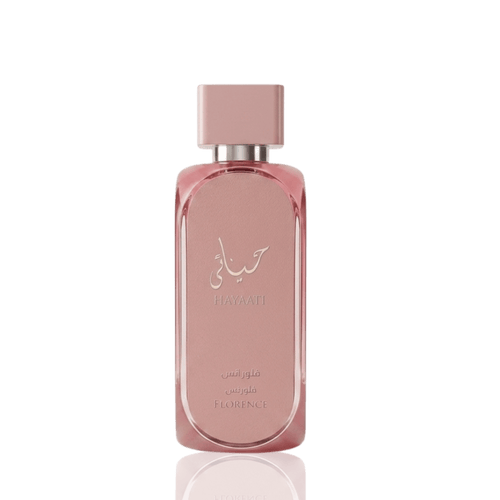 Detaliu pe sticla de parfum original Lattafa Hayaati Florence, evidențiind finisajele de lux și capacul argintiu.