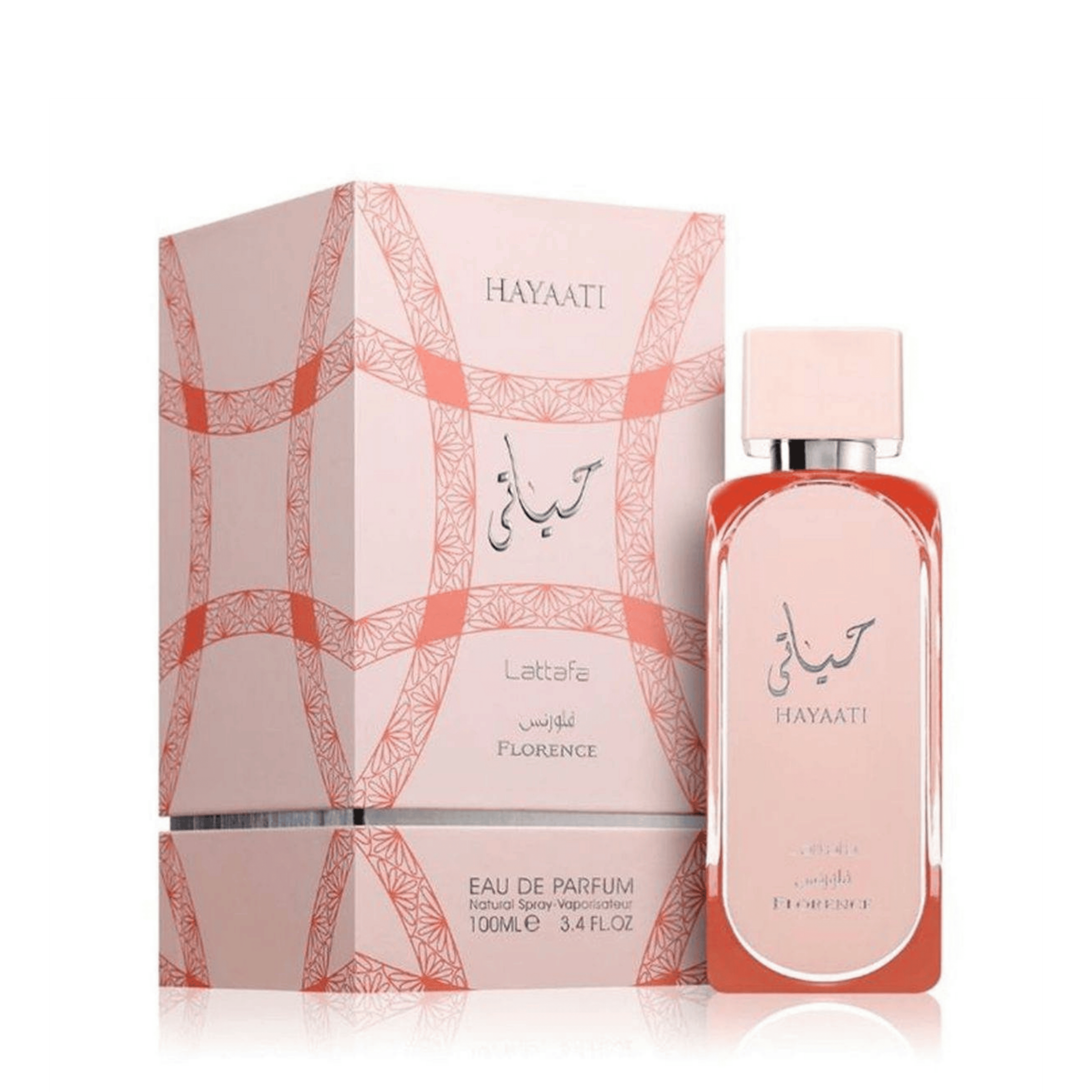 Lattafa Hayaati Florence apa de parfum pentru femei, flacon frontal roz prezentat într-un decor premium de studio.
