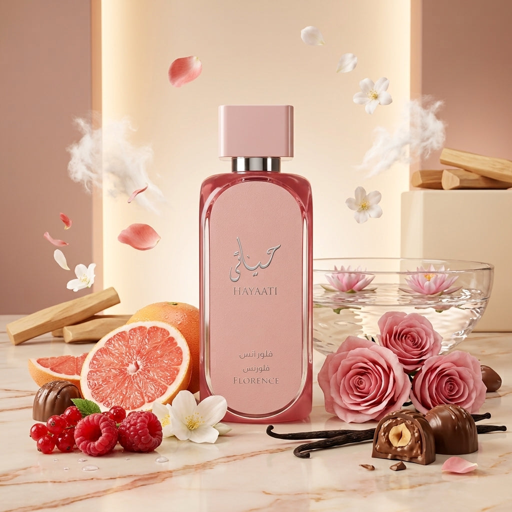 Lattafa Hayaati Florence parfum original înconjurat vizual de trandafiri, fructe de pădure și praline delicioase.