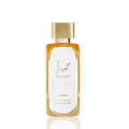 Detaliu fin al flaconului original Lattafa Hayaati Gold Elixir, evidențiind finisajele aurii prețioase de lux.