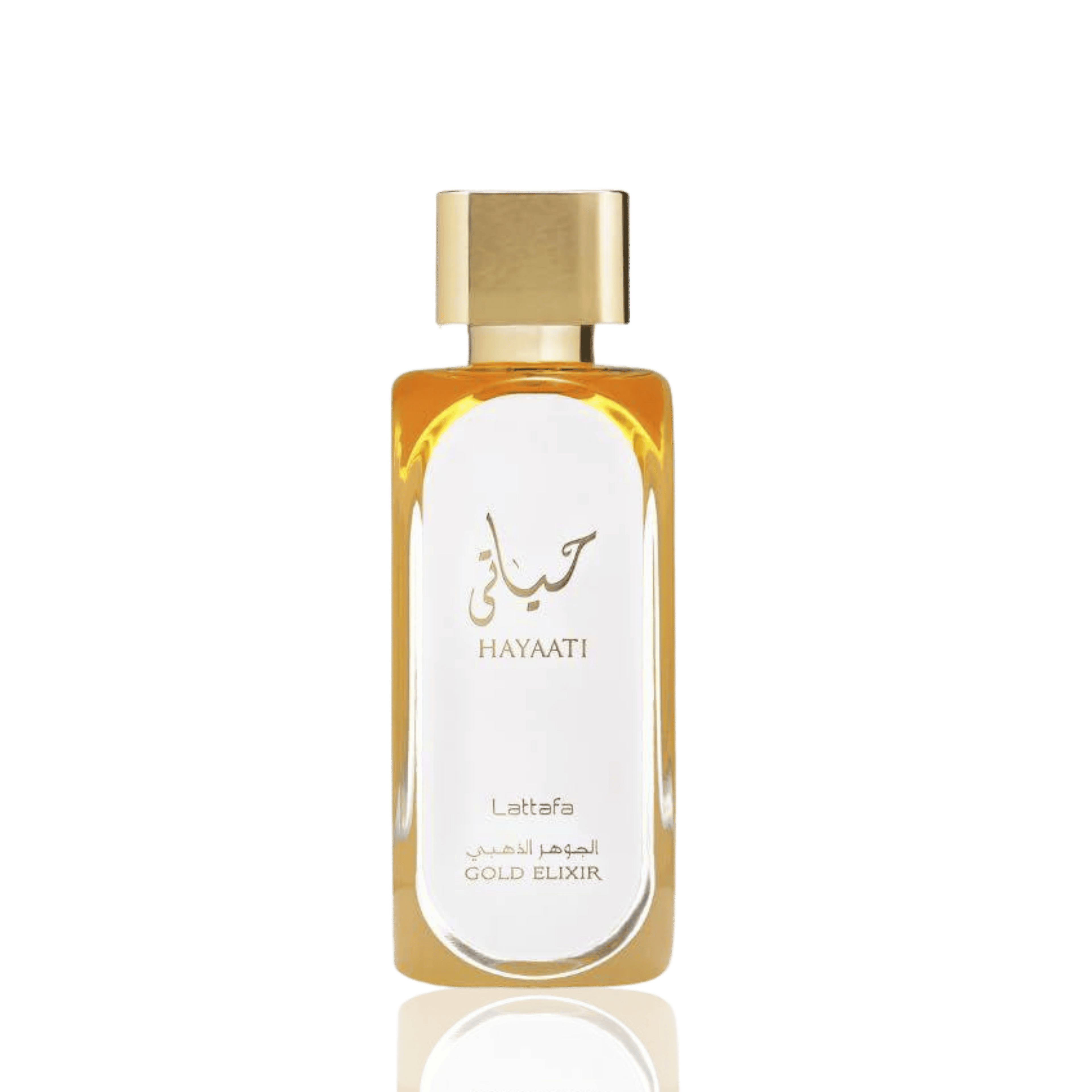 Detaliu fin al flaconului original Lattafa Hayaati Gold Elixir, evidențiind finisajele aurii prețioase de lux.