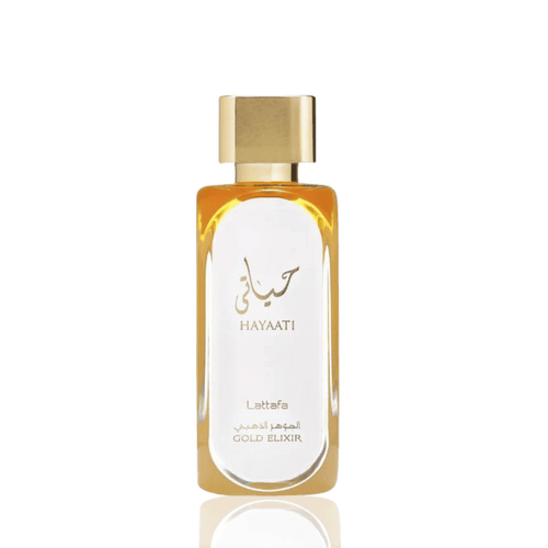 Detaliu fin al flaconului original Lattafa Hayaati Gold Elixir, evidențiind finisajele aurii prețioase de lux.