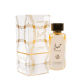 Lattafa Hayaati Gold Elixir apa de parfum, flacon frontal elegant prezentat pe un fundal premium de studio.