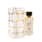 Lattafa Hayaati Gold Elixir apa de parfum, flacon frontal elegant prezentat pe un fundal premium de studio.