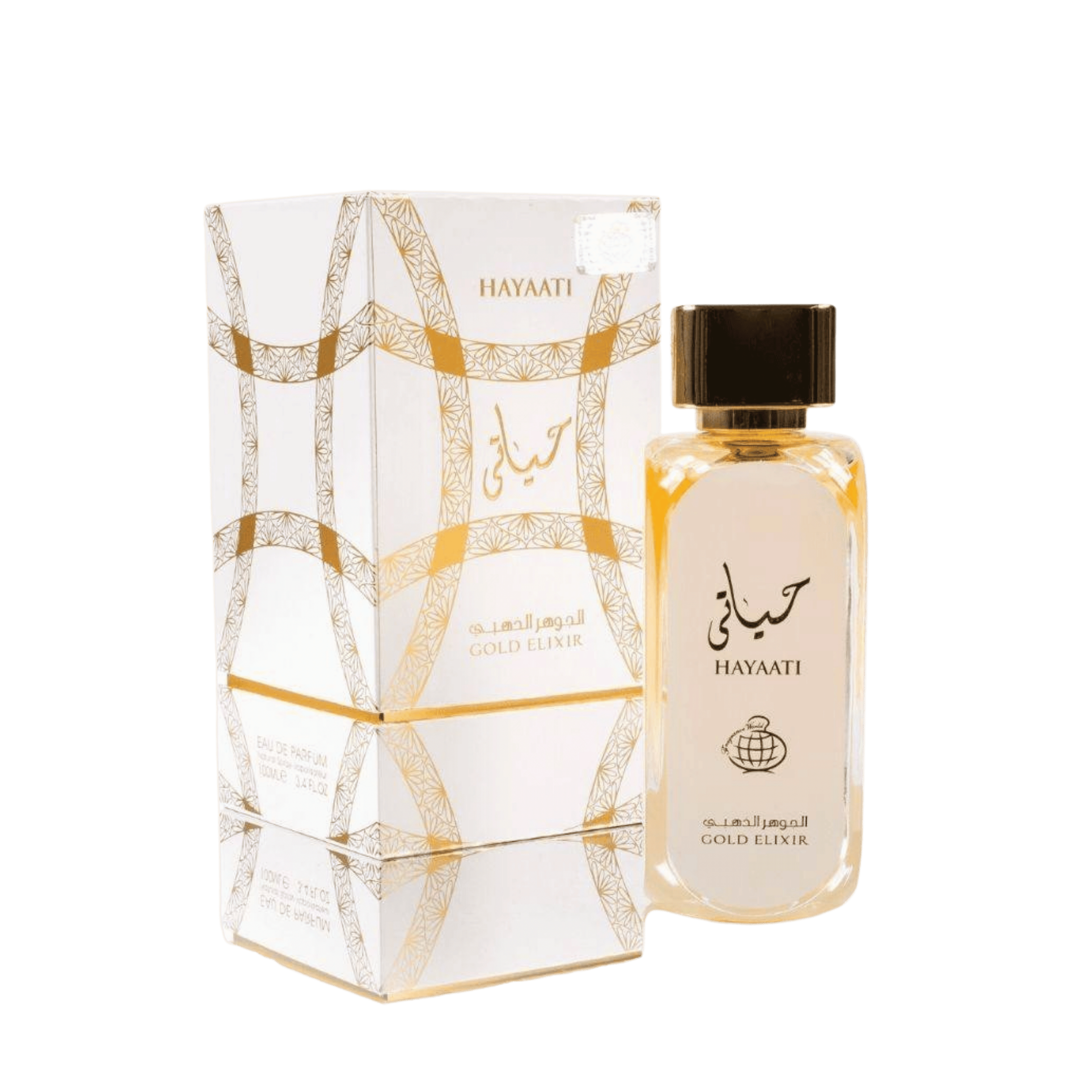 Lattafa Hayaati Gold Elixir apa de parfum, flacon frontal elegant prezentat pe un fundal premium de studio.