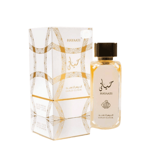 Lattafa Hayaati Gold Elixir apa de parfum, flacon frontal elegant prezentat pe un fundal premium de studio.