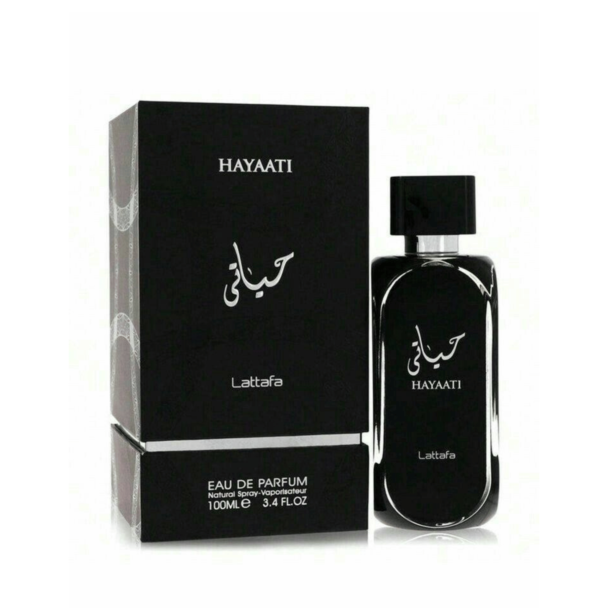 Lattafa Hayaati apa de parfum, flacon frontal elegant prezentat pe un fundal minimalist și premium de studio.