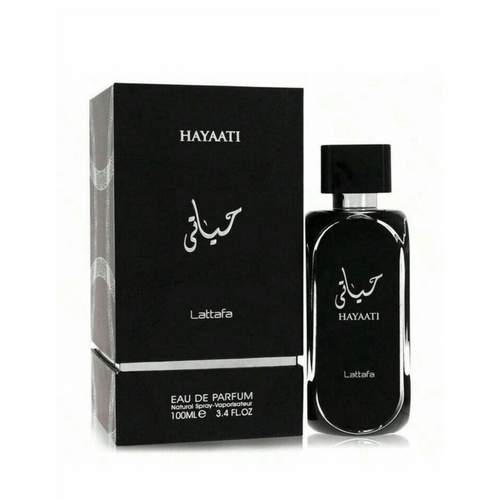 Lattafa Hayaati apa de parfum, flacon frontal elegant prezentat pe un fundal minimalist și premium de studio.