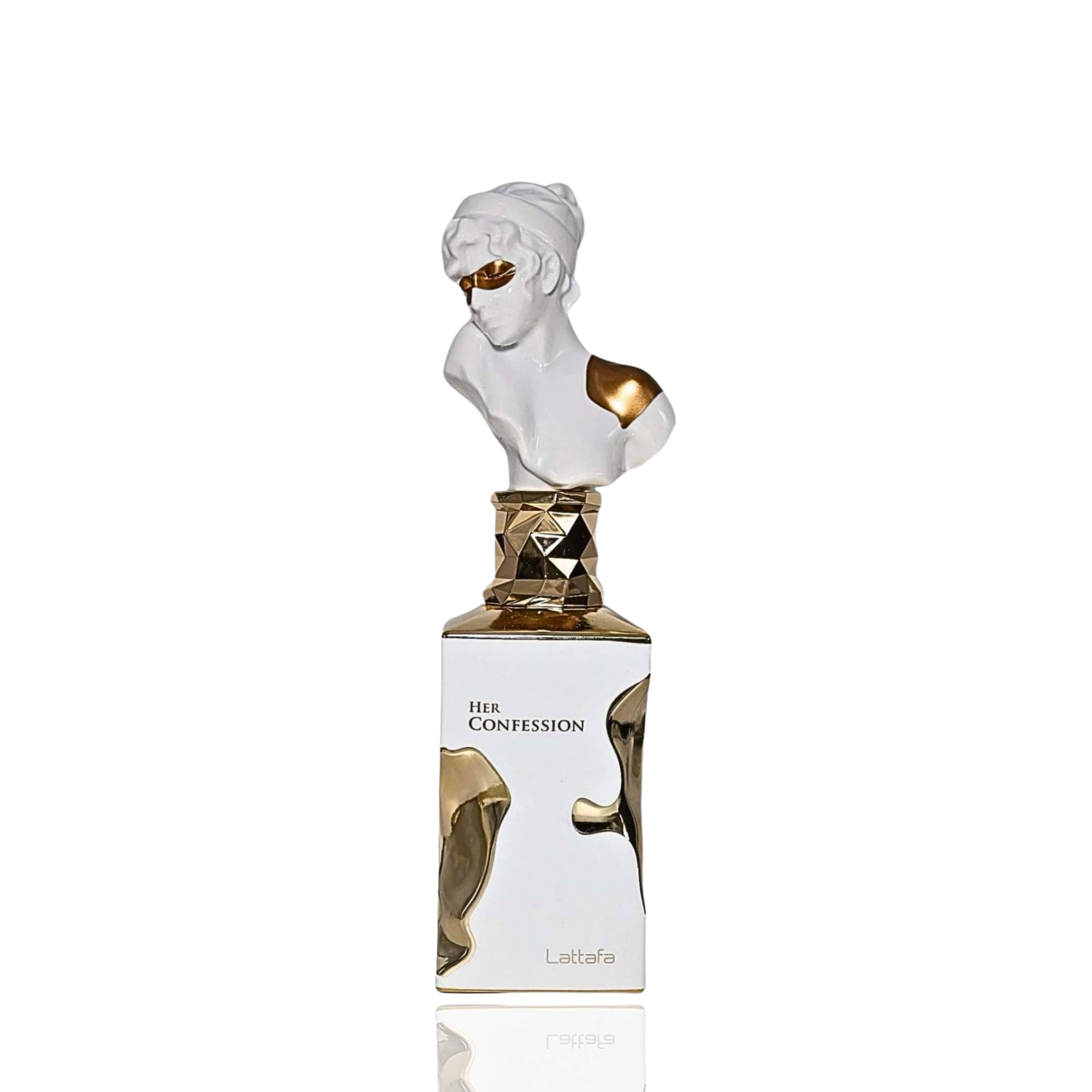 Detaliu flacon Lattafa Her Confession apa de parfum, evidențiind finisajele premium ale bustului sculptural.