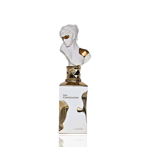 Detaliu flacon Lattafa Her Confession apa de parfum, evidențiind finisajele premium ale bustului sculptural.