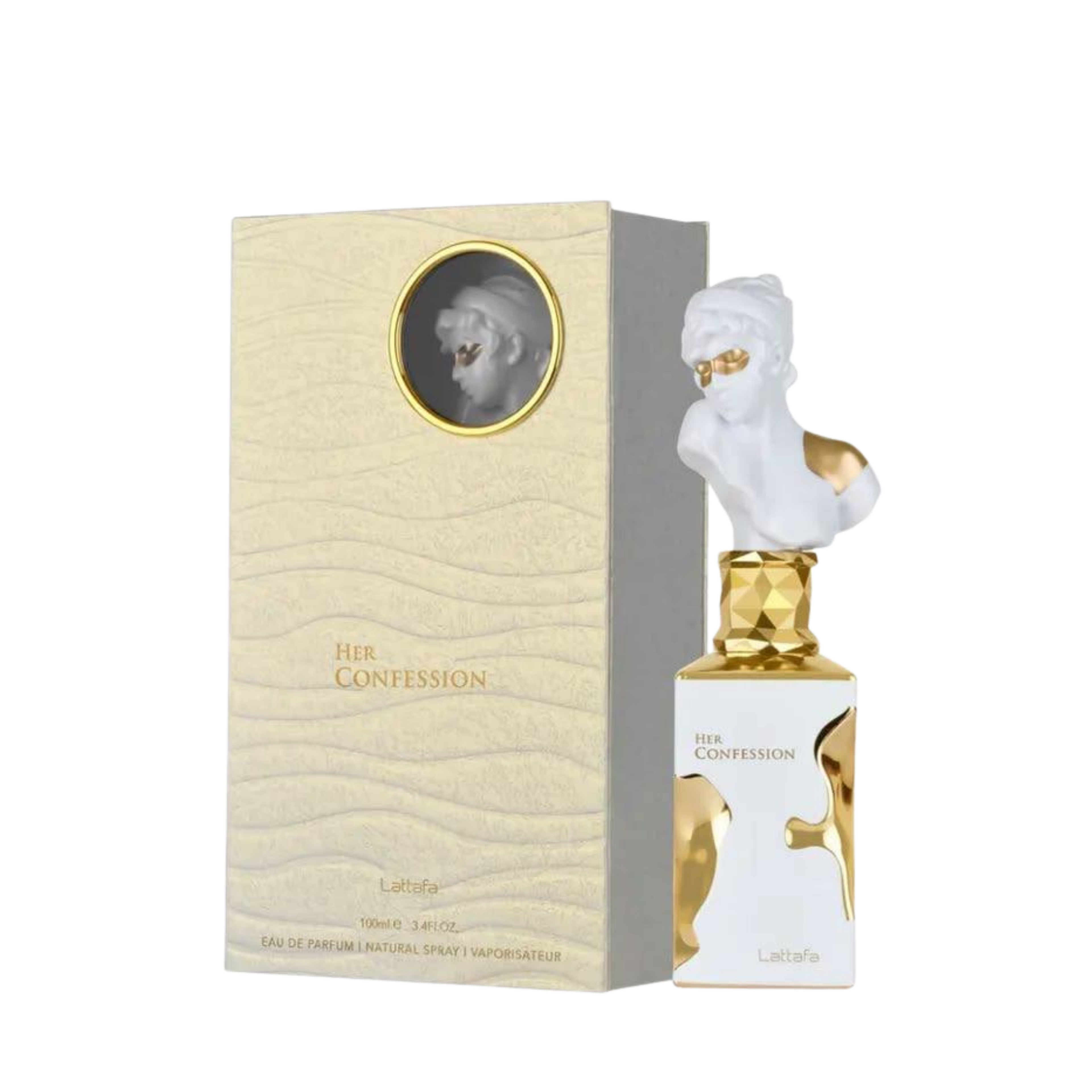 Lattafa Her Confession apa de parfum pentru damă, flacon frontal de 100 ml cu design sculptural artistic.