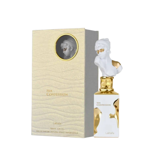 Lattafa Her Confession apa de parfum pentru damă, flacon frontal de 100 ml cu design sculptural artistic.