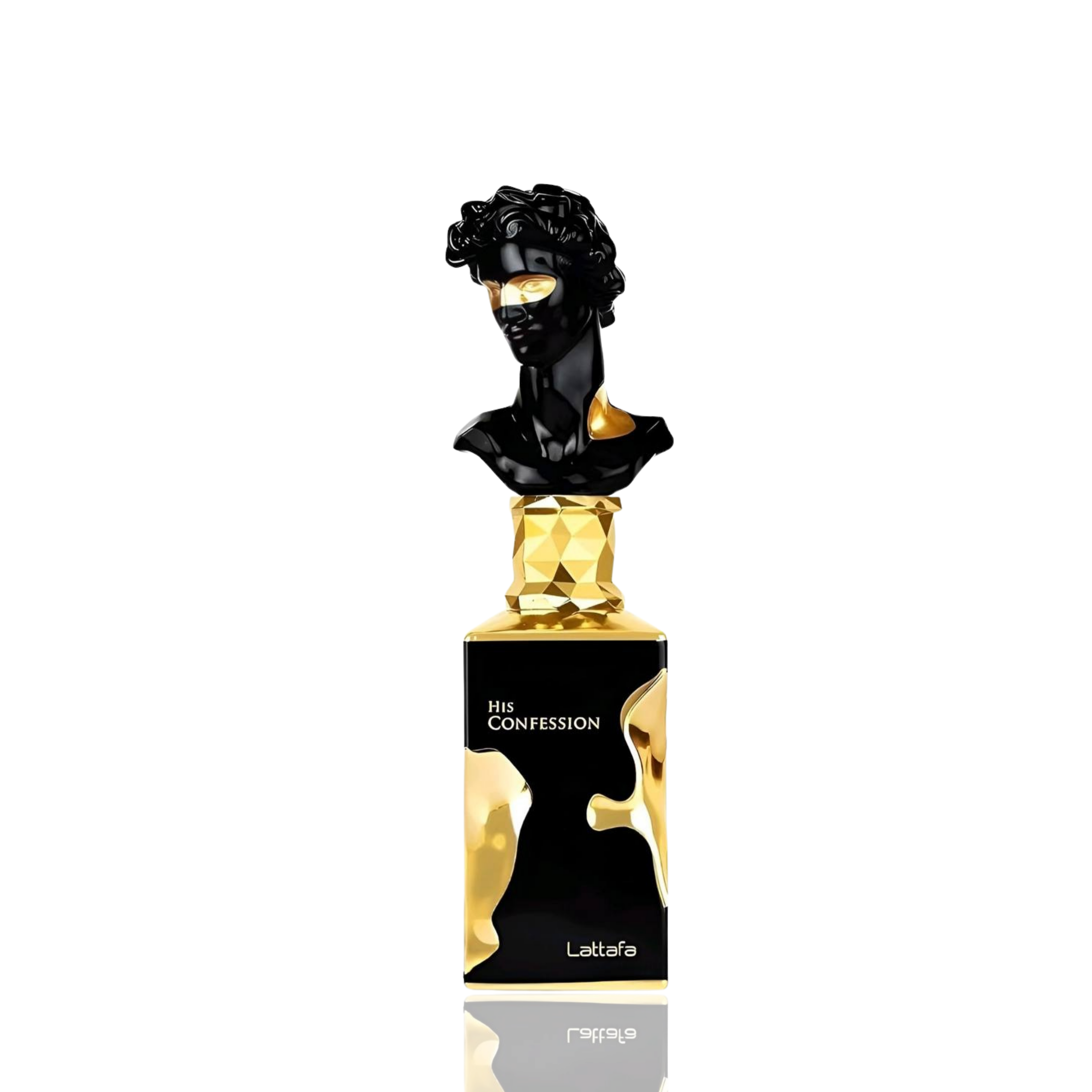 Detaliu flacon Lattafa His Confession apa de parfum, evidențiind finisajele premium ale bustului sculptural masculin.
