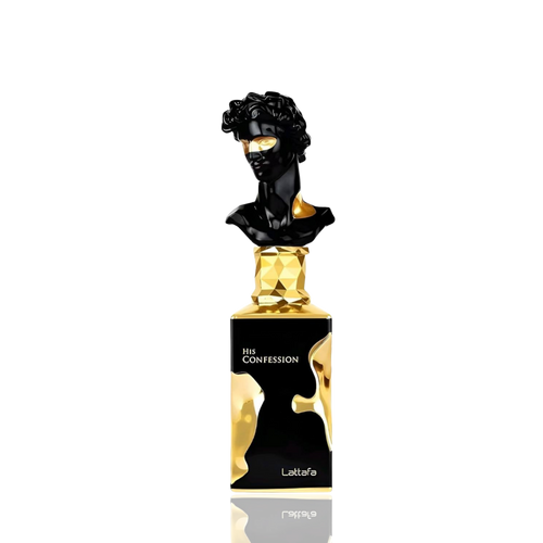 Detaliu flacon Lattafa His Confession apa de parfum, evidențiind finisajele premium ale bustului sculptural masculin.