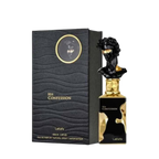Lattafa His Confession apa de parfum pentru bărbați, flacon frontal de 100 ml cu design sculptural artistic.