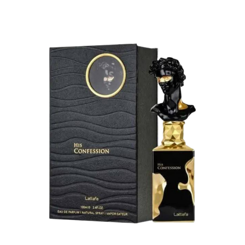 Lattafa His Confession apa de parfum pentru bărbați, flacon frontal de 100 ml cu design sculptural artistic.