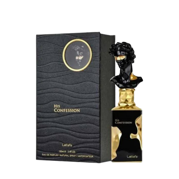 Lattafa His Confession apa de parfum pentru bărbați, flacon frontal de 100 ml cu design sculptural artistic.