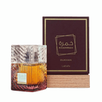 Lattafa Khamrah Dukhan apa de parfum 100 ml, flacon frontal din sticlă grea sculptată, parfum arabesc original de lux.