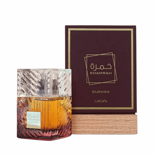 Lattafa Khamrah Dukhan apa de parfum 100 ml, flacon frontal din sticlă grea sculptată, parfum arabesc original de lux.