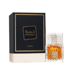 Lattafa Khamrah apa de parfum 100 ml, flacon frontal din cristal greu cu lichid chihlimbariu, parfum original de lux.
